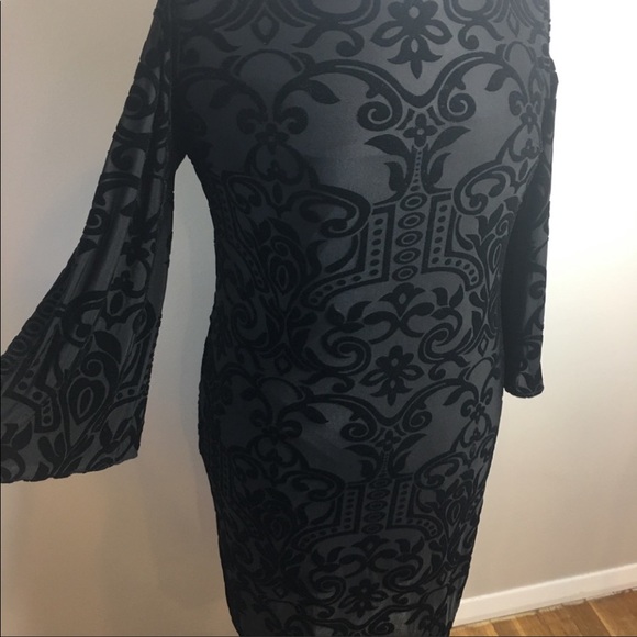 💓Black burn-out stretch velour knee-length sheath dress/tunic w/3/4 bell … - Picture 2 of 6